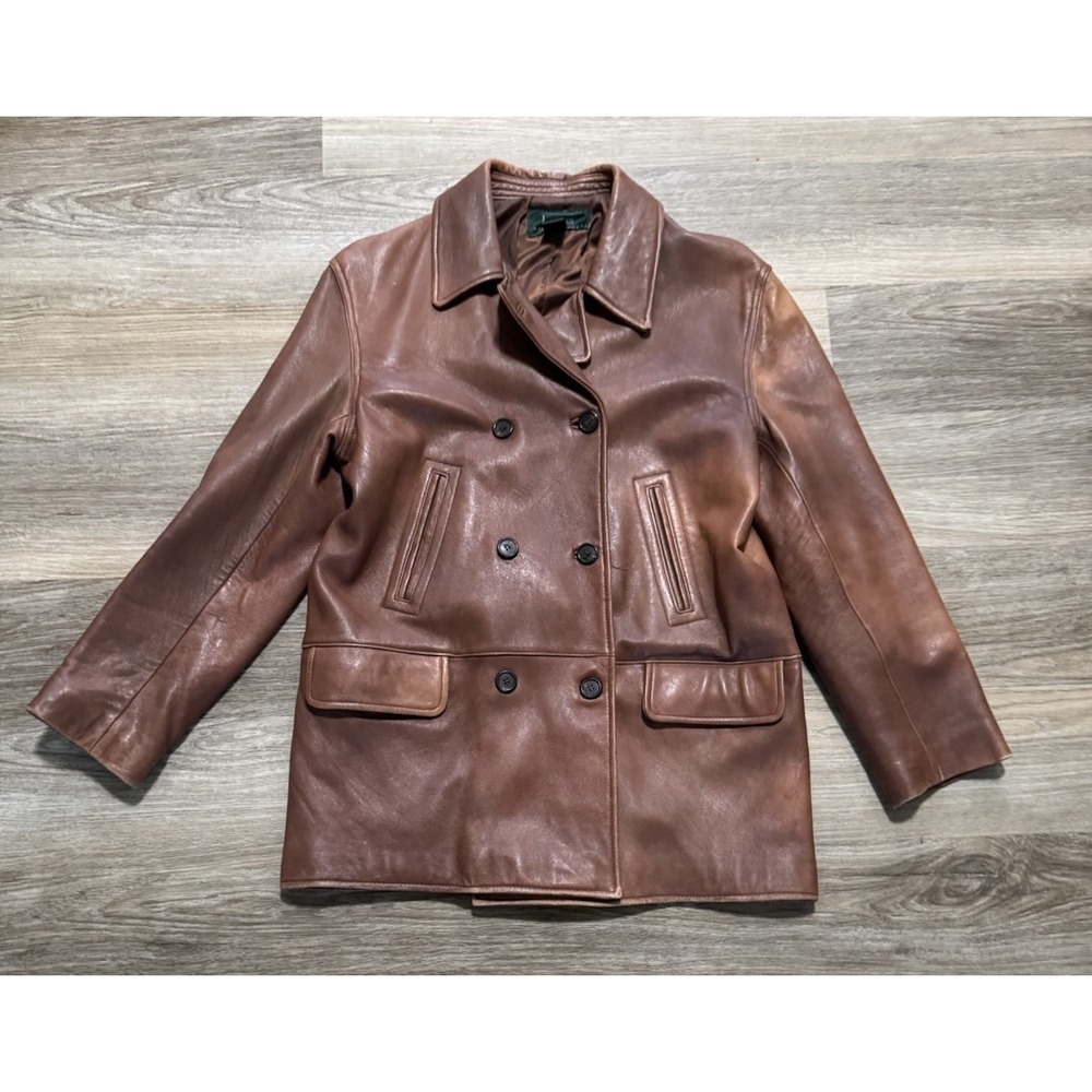 VTG LAUREN Ralph Lauren Brown Thick Leather Double Breasted Peacoat Jacket Sz 6